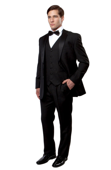 Black / Black Satin Bryan Michaels Solid Notch Lapel Tuxedo Solid Slim Fit Prom Tuxedo For Men MT400-01 - Hattitude